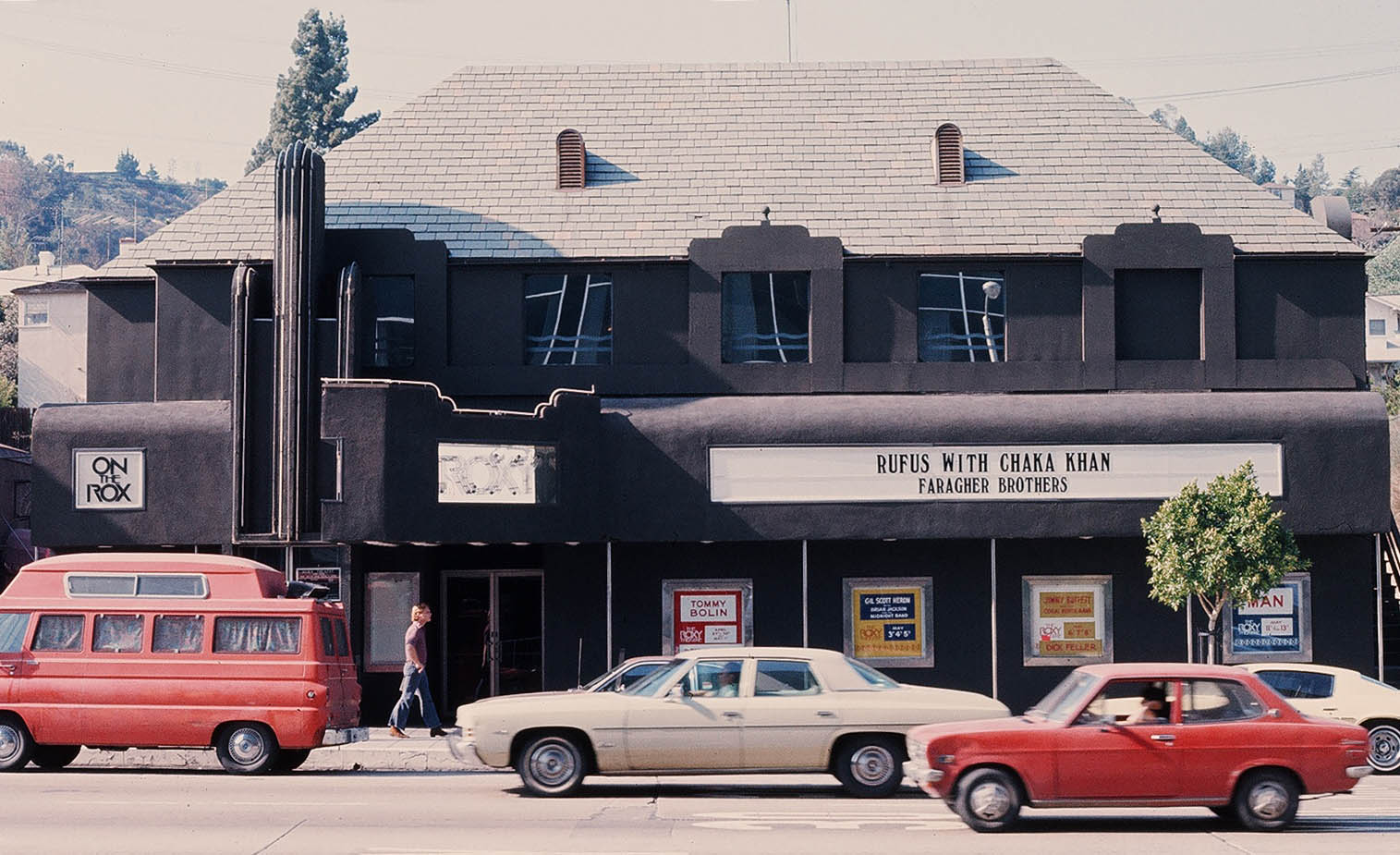 The marquee of the Roxy, Spring 1976, as the Faragher Brothers open for Rufus with Chaka Khan, shortly after the release of the Yellow Album.