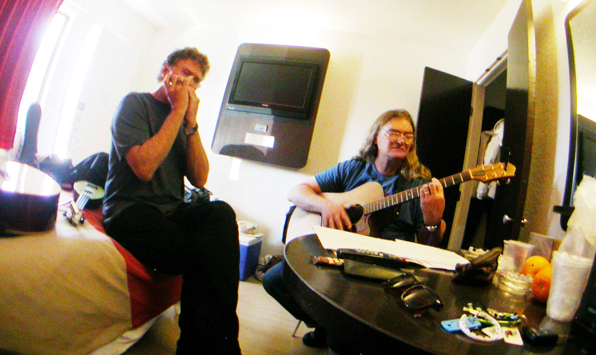 Danny on the harmonica and Jimmy on the guitar just before the radio show.